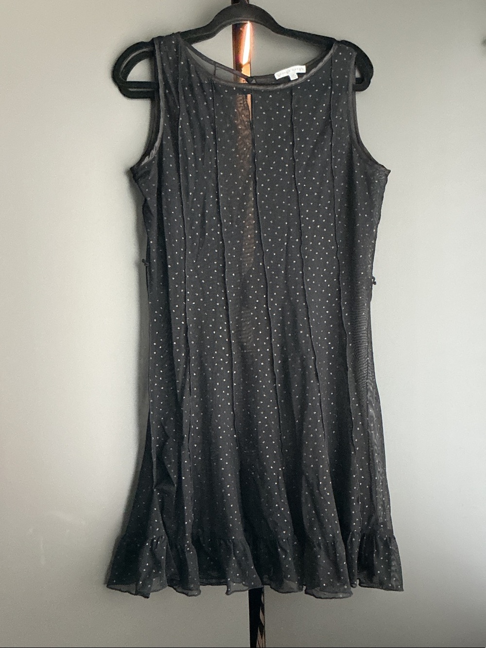 Sandra Darren Black Sleeveless Ruffled Hem Dress with Silver Dot Accents